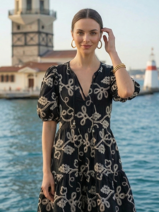 CeCe Dresses & Skirts - Black Embroidered Cotton Puff-Sleeve Midi Dress Cottagecore Coquette Size XS